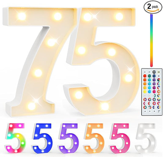 Pooqla 75th Birthday Decorations for Her Him, 35 Colors LED Light Up Numbers with Remote, Multicolor Marquee Numbers 75 Sign for Party Backdrop 75th Birthday Gift, Lighted Number 75
