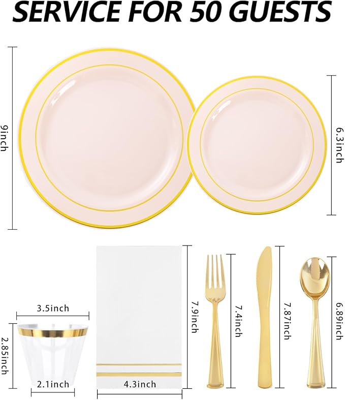 GATHER 350PCS Pink Plastic Plates - Disposable Plastic Dinnerware Set Include 100 Pink Plates, 150 Silverware, 50 Napkins, 50 Cups for Party & Wedding