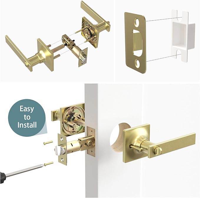 4 Pack Brushed Gold Door Handles - Privacy Door Levers Set, Keyless Interior Door Knobs, Modern Heavy Duty Square Door Lock for Bedroom or Bathroom, Reversible for Left Right Sided Doors