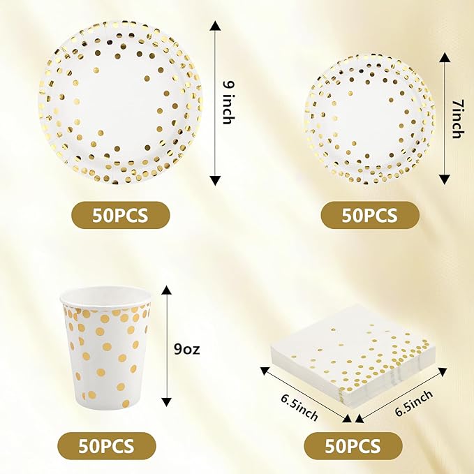 201 PCS Disposable Paper Plates Gold Party Supplies, Golden Polka Dots Birthday and Baptism Decorations, include Plates and Cups, Napkins, Plastic Tablecloth for Baby Shower Wedding Christmas