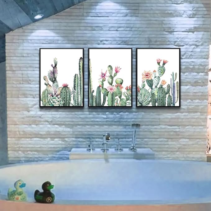 TTHYUEWS Black Framed Wall Art - 3 Piece Framed Prints - Green Succulent Cactus Wall Paintings - Living Room & Bedroom Decor