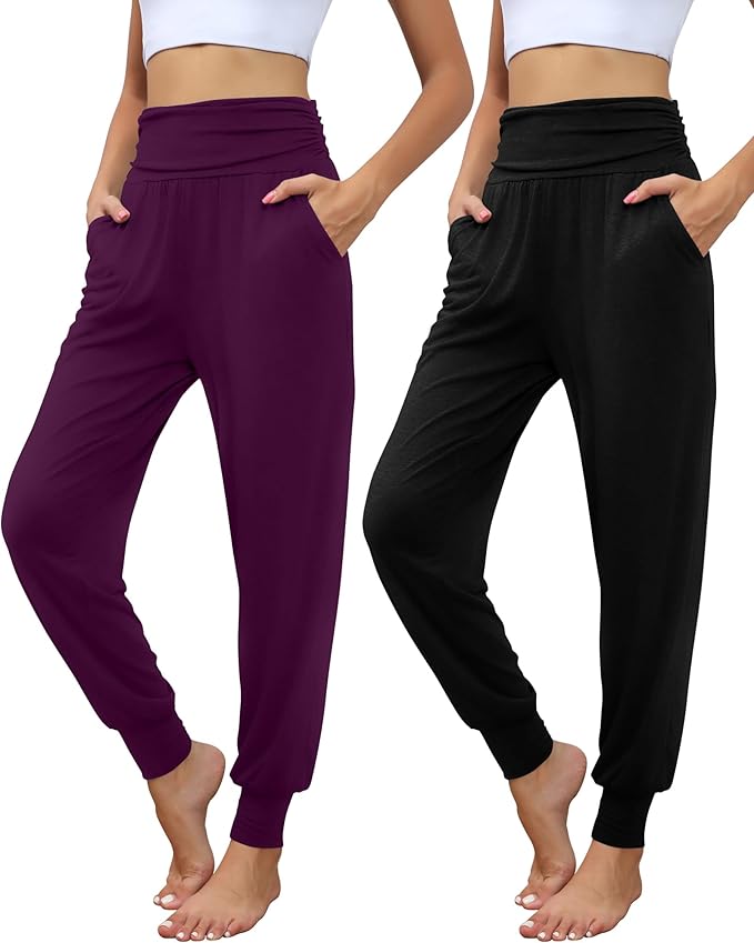 2 Pack Women's Yoga Joggers, Cozy Sweatpants with Pockets Casual Loose Comfy High Waisted Lounge Pants