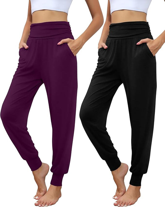 2 Pack Women's Yoga Joggers, Cozy Sweatpants with Pockets Casual Loose Comfy High Waisted Lounge Pants