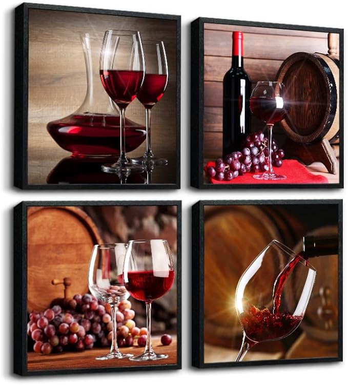 TTHYUEWS Black Framed Wall Art For Kitchen Dining Room Decor Wine Glass Wall Paintings Still Life Wine Fruit Goblet Frame Wall Pictures Artwork Bar Restaurant Decoration Home Decor 4 Piece