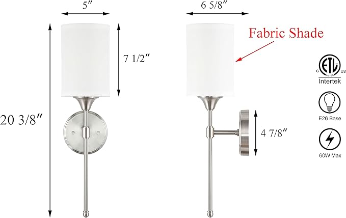 XiNBEi Lighting Wall Sconce Lighting, Modern 1 Light Bathroom Sconce Vanity Light with Fabric Shade Brushed Nickel Finish for Corridor Bedroom & Living Room XB-W1260-BN