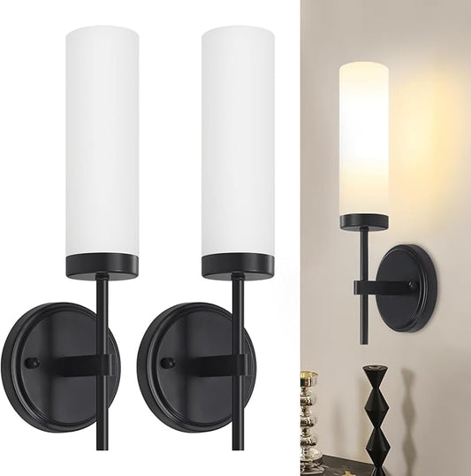 Modern Black Wall Sconces Hardwired Bathroom Vanity Lights with White Frosted Glass, Sconces Wall Decor Set of 2, Wall Sconce Lighting Indoor Wall Lights for Bedroom Living Room Hallway UL-Listed