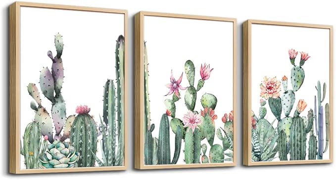 Natural Wood Framed Wall Art For Living Room & Bedroom Decor - Green Succulent Cactus Paintings - 3 Piece Framed Art Prints