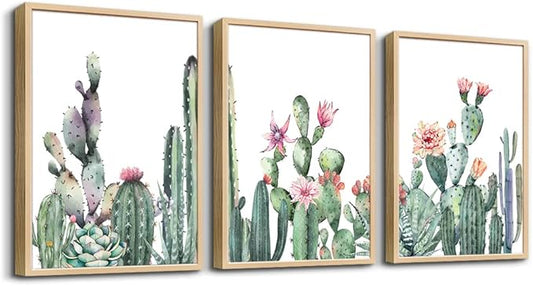 Natural Wood Framed Wall Art For Living Room & Bedroom Decor - Green Succulent Cactus Paintings - 3 Piece Framed Art Prints