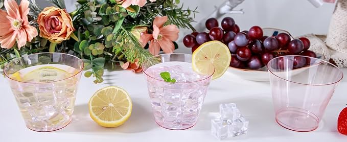 Ciaell 300PCS Clear Pink Plastic Cups - 9 Oz Heavy Duty Plastic Cups - Clear Party Cup Disposable Wine Cup for Parties & Weddings & Party
