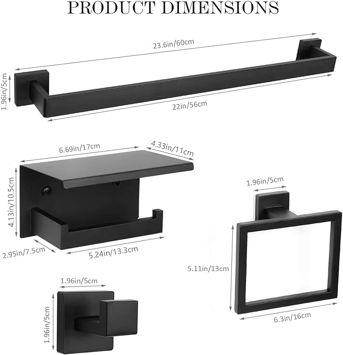 Bathroom Towel Bar Holder Sets Matte Black 5-Piece Bathroom Hardware Set Stainless Steel Bath Accessories Kit. Wall Mounted,23.6 Inch