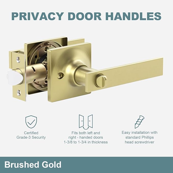 4 Pack Brushed Gold Door Handles - Privacy Door Levers Set, Keyless Interior Door Knobs, Modern Heavy Duty Square Door Lock for Bedroom or Bathroom, Reversible for Left Right Sided Doors