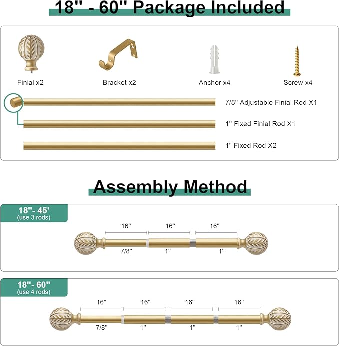 Gold Curtain Rods for Windows 28 to 48 inch,1" Adjustable Heavy Duty Window Curtain Rod with Leaf Finials,Rustic Decorative Drapery Rods Set,Size:18-60''