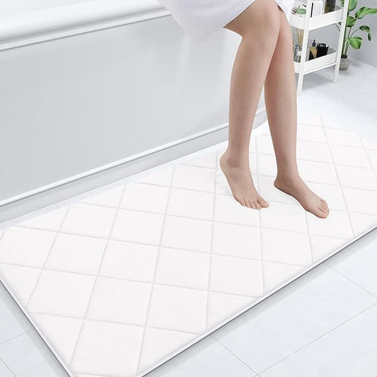 OLANLY Memory Foam Bath Mat 70x24, Ultra Soft and Absorbent Bathroom Rugs, Machine Washable, Comfortable Bath Carpet for Bathroom Floor, Tub and Shower, White