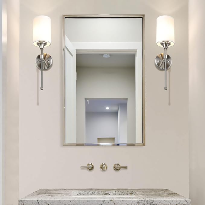 XiNBEi Lighting Wall Sconce Lighting, Modern 1 Light Bathroom Sconce Vanity Light with Fabric Shade Brushed Nickel Finish for Corridor Bedroom & Living Room XB-W1260-BN