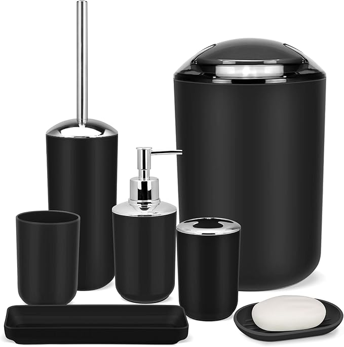 IMAVO Bathroom Accessories Set,Black Bathroom Set,7 Pieces Bathroom Accessory Set,Tray,Toilet Brush,Trash Can for Bathroom Décor and Housewarming Gifts