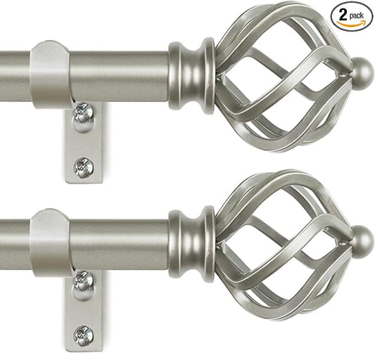 KAMANINA 2 Pack Curtain Rods 32 to 58 Inches (2.6-4.8ft), 3/4 Inch Curtain Rods for Windows Splicing Adjustable Single Drapery Rod with Twisted Cage Finial, for Indoor and Outdoor, Antique Silver