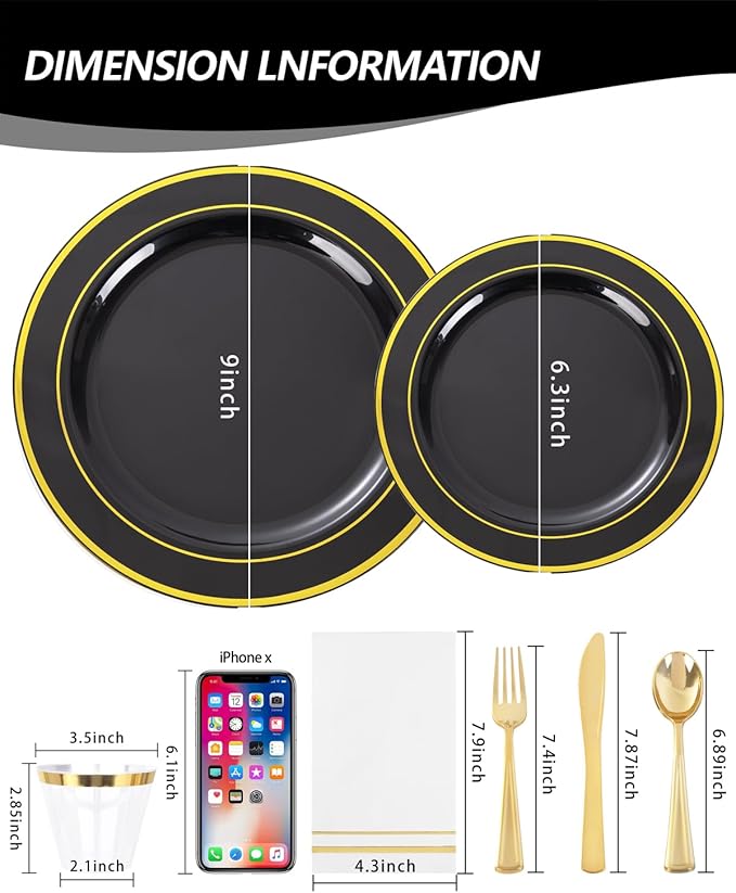 GATHER 350PCS Black Plastic Plates - Black and Gold Disposable Dinnerware Set Include 100 Plates, 150 Gold Silverware, 50 Napkins, 50 Cups for Party & Wedding & Birthday & New Year