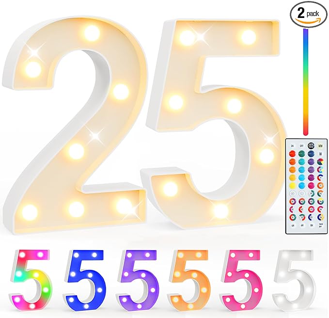 Pooqla 25th Birthday Decorations for Her Him, 35 Colors LED Light Up Numbers with Remote, Multicolor Marquee Numbers for Party Backdrop 25th Anniversary Decor Birthday Gifts for Women, Number 25