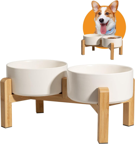 Elevated Bamboo Dog Bowl Stand – Ceramic Bowls & Non-Slip Design
