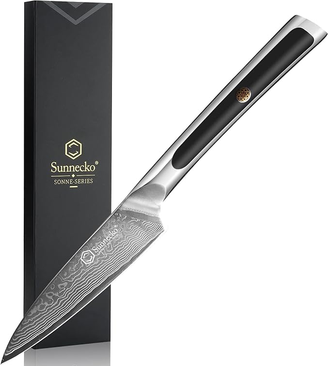 Sunnecko Paring Knife 3.5 Inch, Fruit Knife with 67-layers Damascus Steel VG-10 Blade Small Knife, Peeling Knife with Inlaid Handle Small Kitchen Knife Perfect for Cutting Fruit Vegetables Petty Knife
