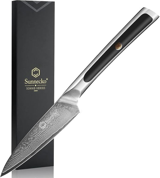 Sunnecko Paring Knife 3.5 Inch, Fruit Knife with 67-layers Damascus Steel VG-10 Blade Small Knife, Peeling Knife with Inlaid Handle Small Kitchen Knife Perfect for Cutting Fruit Vegetables Petty Knife
