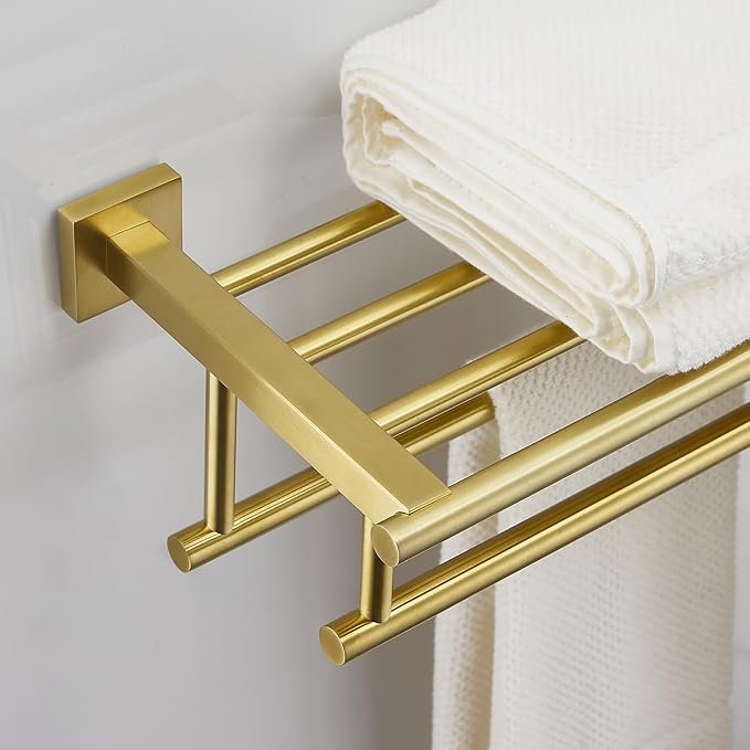 Towel Rack for Bathroom 20 Inch Wall Mounted Towel Rack Brushed Gold Towel Shelf with Double Towel Bar SUS304 Stainless Steel Towel Holder for Bathroom Wall Hotel Towel Rail
