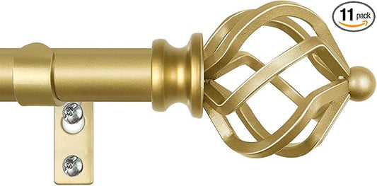KAMANINA Gold Curtain Rods for Windows 48 to 84 Inch, Adjustable Single Curtain Rod 32 to 86 Inch(2.6-7.1ft), 3/4 Inch Splicing Drapery Rods with Twisted Cage Finial