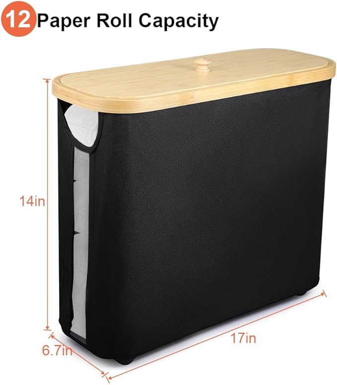 Picowe Toilet Paper Organizer Basket, Black, Holds 9-12 Rolls, With Lid and Easy-Grip Handle, Foldable for Storage, Suitable for Bathroom and Sink