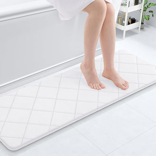 OLANLY Memory Foam Bath Mat 47x17, Ultra Soft and Absorbent Bathroom Rugs, Machine Washable, Comfortable Bath Carpet for Bathroom Floor, Tub and Shower, White