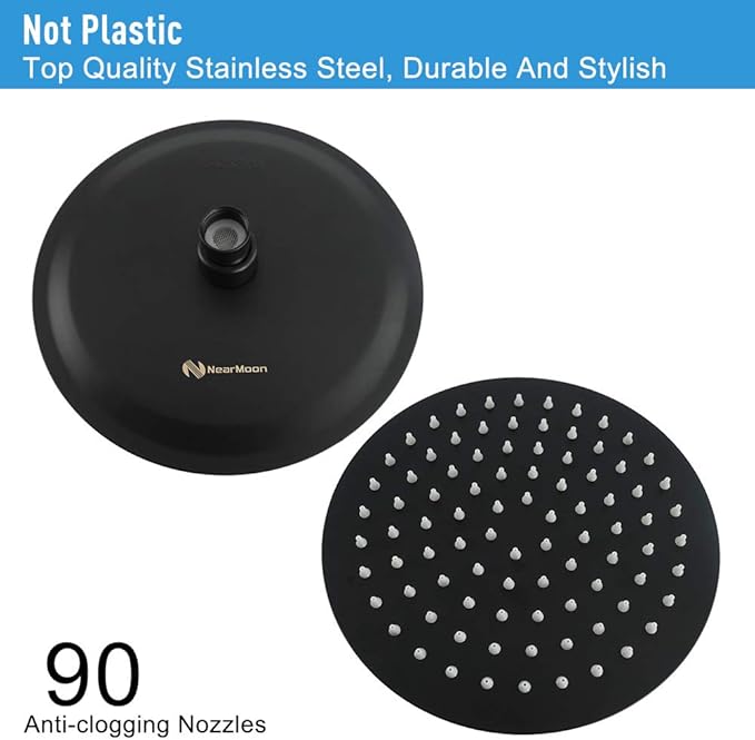 NearMoon Rain Shower Head with 11'' Adjustable Arm, High Pressure Stainless Steel Rainfall Shower, Ultra-Thin Design - Pressure Boosting (8 Inch, Matte Black)