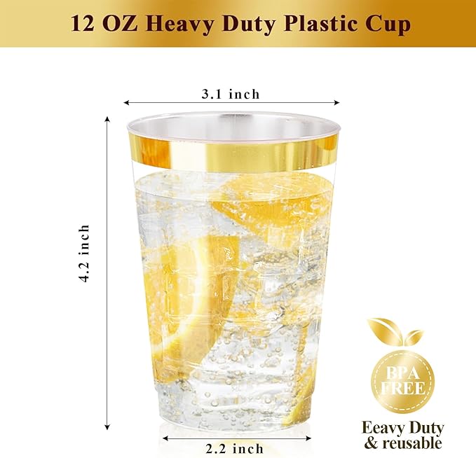 Ciaell 120PCS Gold Plastic Cups - 12Oz Heavy Duty Plastic Cup - Disposable Gold Rimmed Cups - Premium Gold Rim Cup Perfect for Wedding & Party & Christmas