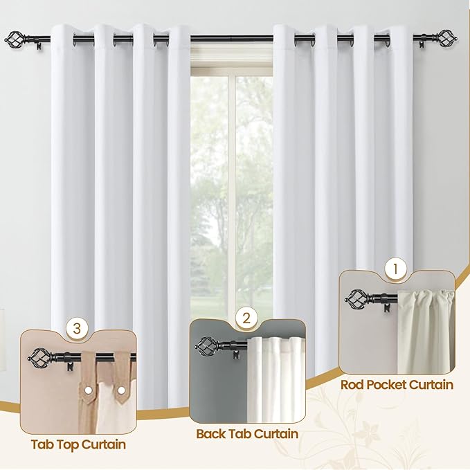 KAMANINA 2 Pack Curtain Rods 32 to 58 Inches (2.6-4.8ft), 3/4 Inch Black Curtain Rods for Windows Splicing Adjustable Single Drapery Rod with Twisted Cage Finial, for Indoor and Outdoor