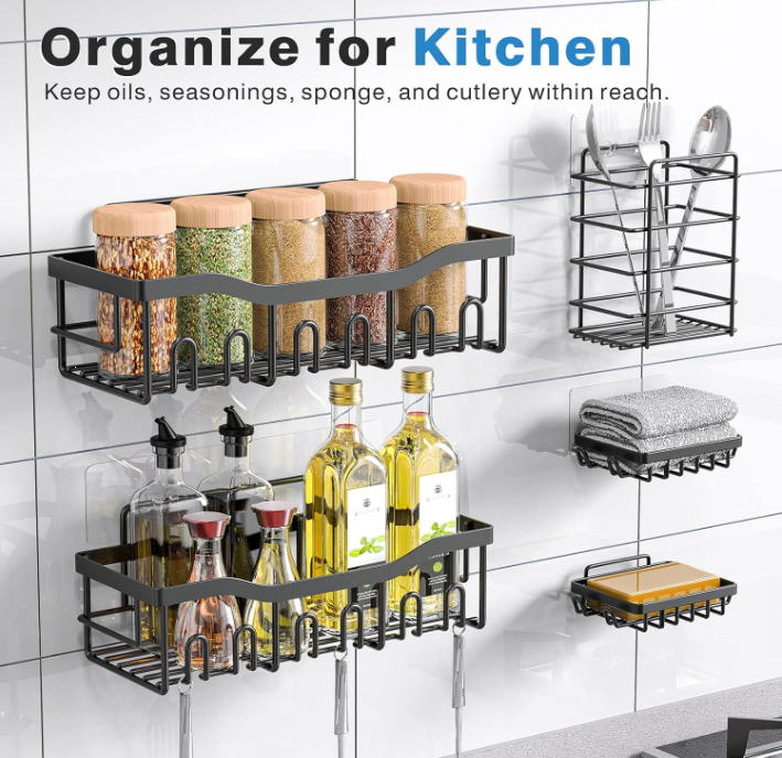Adhesive wall organizer shelves for kitchen storage