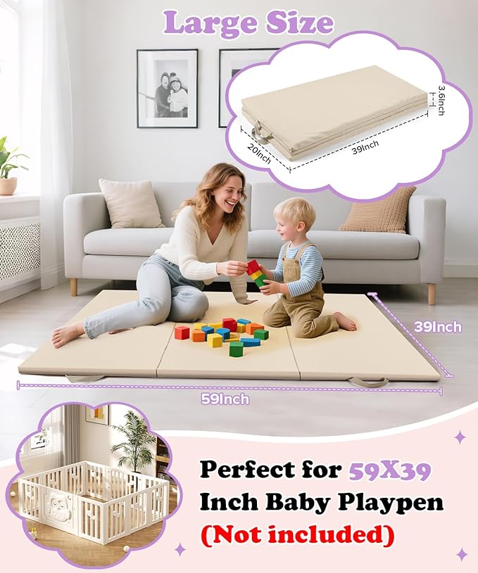 39X59Inch Vegan Leather Play Mat for Baby Trifold Thick | Soft Padded Foam Floor Mat for Kids Playroom | Foldable Playmat | Non-Slip Removable Cover Washable Crawling Playmat Infant