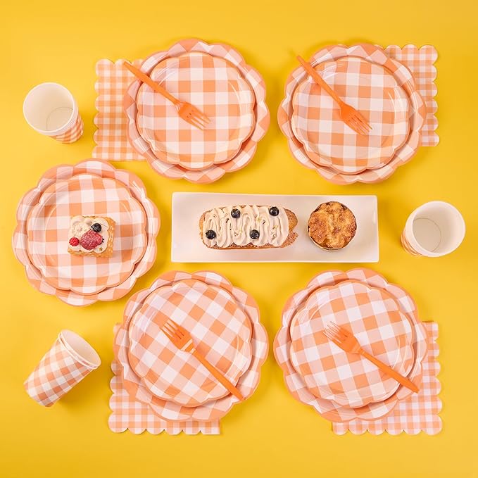 125Pcs Orange Gingham Plates, Disposable Fall Plaid Dinnerware with Plates, Napkins, Forks and Cups Orange and White Checkered Party Supplies for Harvest Thanksgiving Party