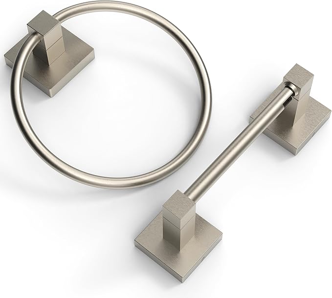 Ruacq Brushed Nickel Toilet Paper Holder Towel Ring Bathroom Accessories Hardware Set Double Post Pivoting Toilet Roll Holder Square Stainless Steel and Zinc Alloy Modern Wall Mounted 2 Pieces
