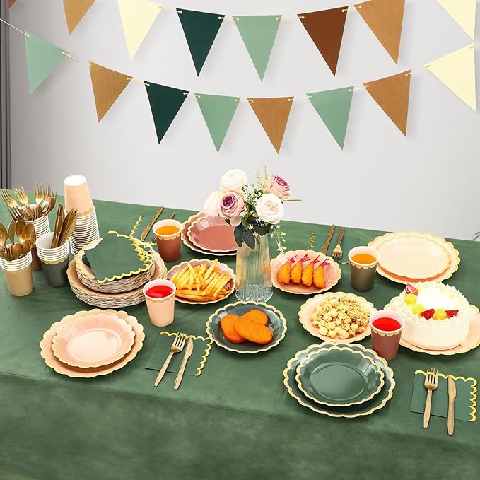 Mimorou 342 Pcs Woodland Baby Shower Party Supplies Sage Green Brown Tableware Paper Disposable Plates Napkins Cups Plastic Tablecloth Sage Brown Triangle Banner for Wedding Forest Birthday Party