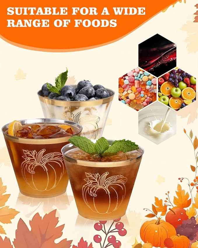 Ciaell 60 PCS Gold Plastic Cups - 9Oz Heavy Duty Plastic Cups - Thanksgiving Disposable Cup - Disposable Clear Wine Cup with Gold Pumpkin for Party & Thanksgiving