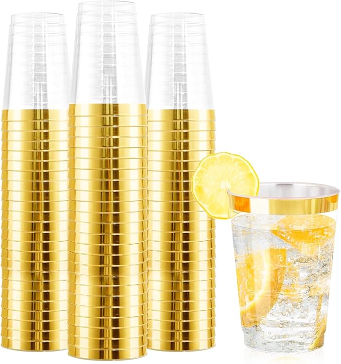 Ciaell 120PCS Gold Plastic Cups - 12Oz Heavy Duty Plastic Cup - Disposable Gold Rimmed Cups - Premium Gold Rim Cup Perfect for Wedding & Party & Christmas