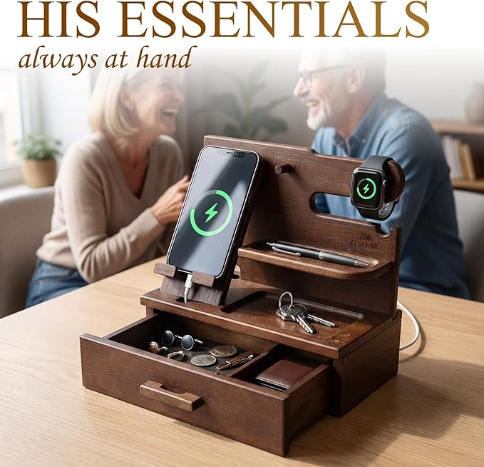 Wood Phone Docking Station with Drawer – Nightstand Desk Organizer