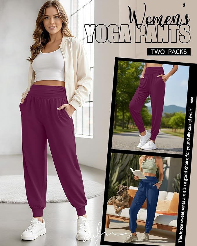 2 Pack Women's Yoga Joggers, Cozy Sweatpants with Pockets Casual Loose Comfy High Waisted Lounge Pants