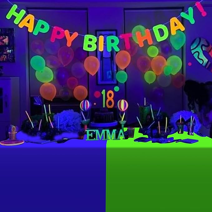 12 Pack Neon Table Cloths Party Decorations, Pink Orange Yellow Green Blue Purple Glow in The Dark Plastic Tablecloth, Disposable Rainbow Table Cover for Glow in Dark Neon Party Supplies Decorations