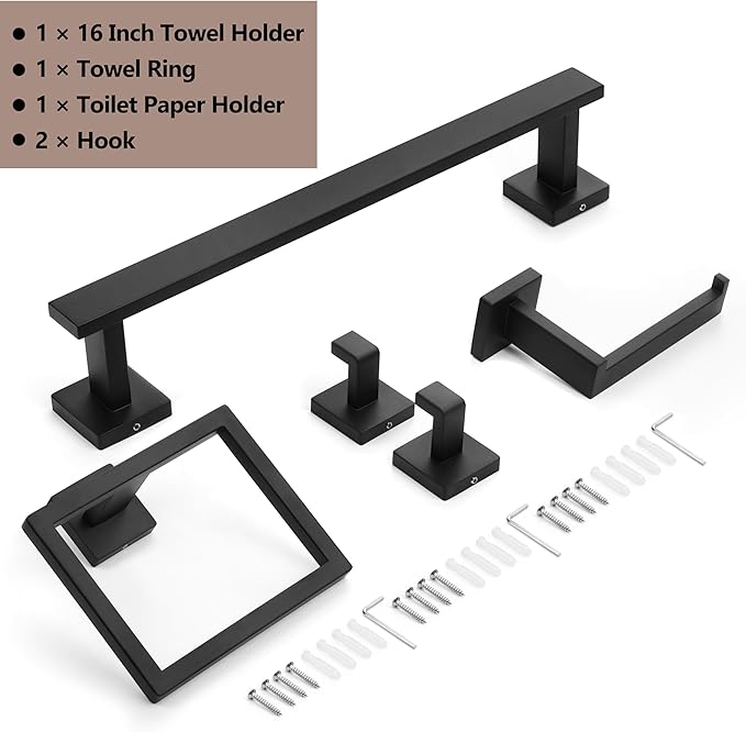 Homikit Matte Black Bathroom Hardware Set, 5-Piece SUS304 Stainless Steel Wall Mounted Bath Towel Bar Accessories Set, 16 Inch Towel Rack, Toilet Paper Holder, Towel Ring, Hooks