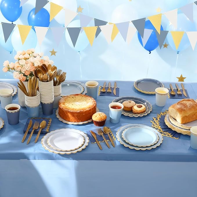 Mimorou 342 Pcs Dusty Blue Party Supplies Blue Tableware Paper Disposable Plates Napkins Cups Plastic Tablecloth Navy Triangle Banner for Winter Wedding Bachelorette Birthday