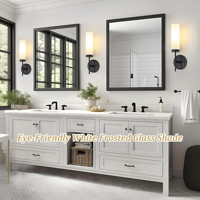 Modern Black Wall Sconces Hardwired Bathroom Vanity Lights with White Frosted Glass, Sconces Wall Decor Set of 2, Wall Sconce Lighting Indoor Wall Lights for Bedroom Living Room Hallway UL-Listed