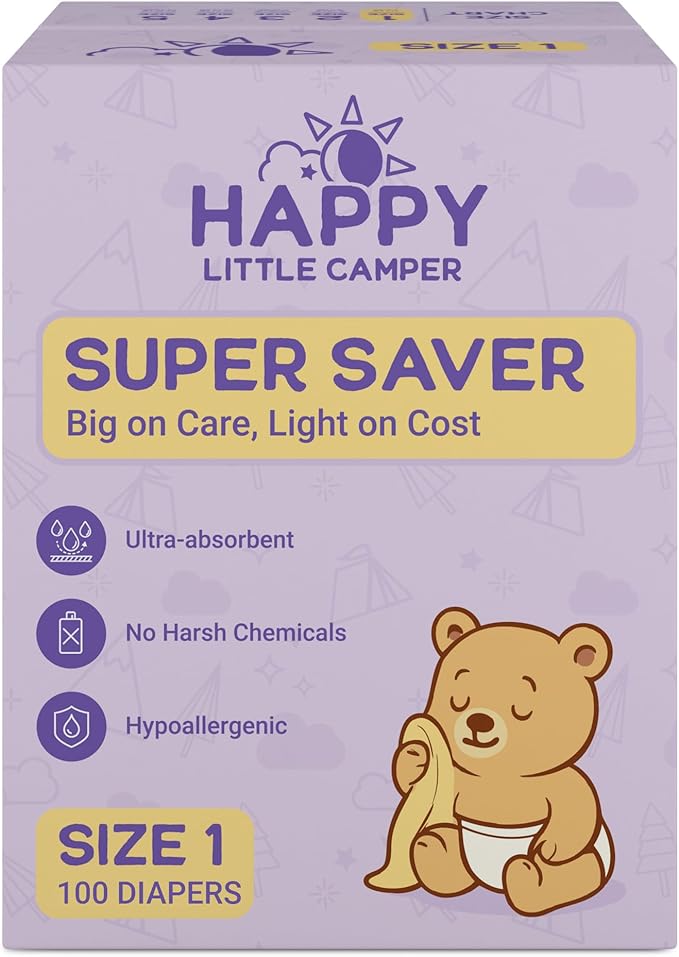 Happy Little Camper Super Saver Diapers, Size 1, 100 Count | Budget-Friendly Disposable Baby Diapers for Sensitive Skin | Hypoallergenic, Fragrance-Free, Ultra Absorbent