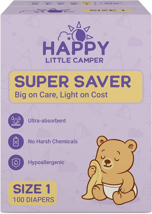 Happy Little Camper Super Saver Diapers, Size 1, 100 Count | Budget-Friendly Disposable Baby Diapers for Sensitive Skin | Hypoallergenic, Fragrance-Free, Ultra Absorbent