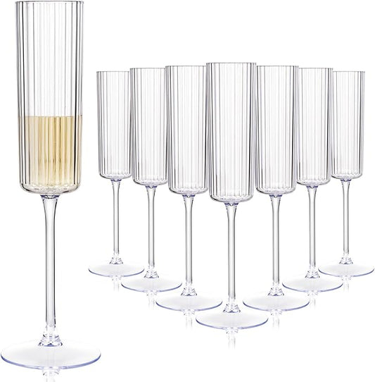 36 Pack Clear Plastic Champagne Flutes - 6oz Ribbed Disposable Champagne Glasses - Clear Vintage Mimosa Glasses with Long Stem - Elegant Sparkling Wine Stemware for Weddings, Parties