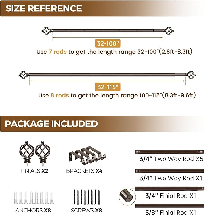 KAMANINA Curtain Rods for Windows 66 to 120 Inch, 3/4 Inch Bronze Curtain Rod 32 to 115 Inches (2.6-9.6ft) Splicing Adjustable Single Drapery Rod with Twisted Cage Finial