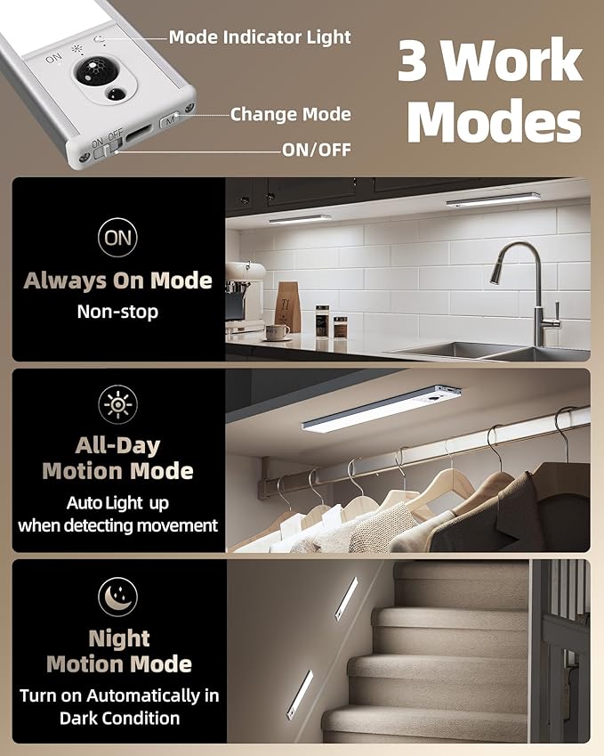 Under Cabinet Motion Sensor Lights – Rechargeable LED Closet Light with Charging Station (3 Pack)